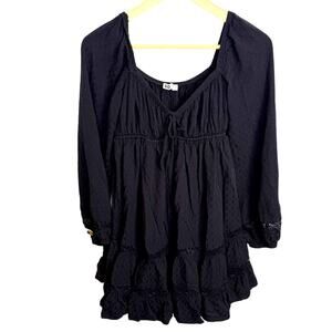 SO Black Textured Babydoll Dress Womens M Boho Lace Trim Tiered Mini Goth Whimsy